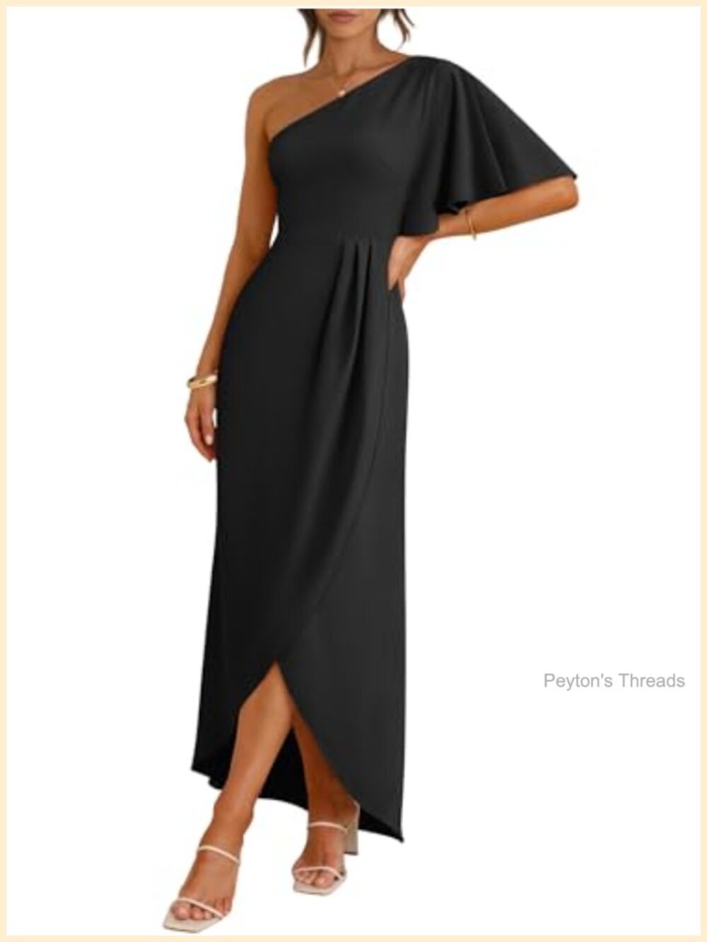 One Shoulder Formal Midi Dress with Slit & Ruffled Cape Sleeve